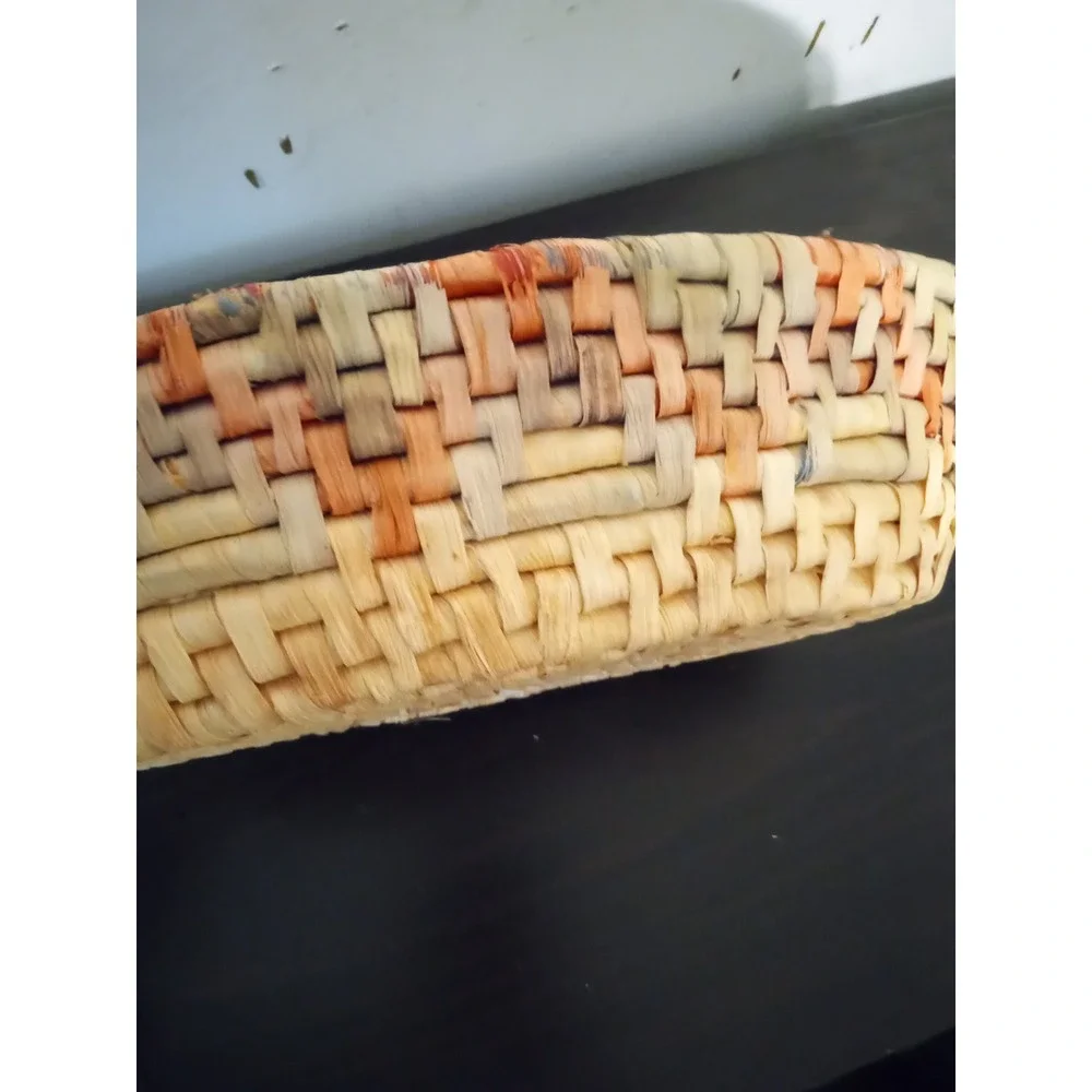 Woven Straw Oval Basket with‎ Handles Natural Orange Green Boho Decor